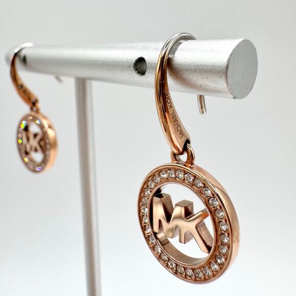 Michael Kors Rose Gold Tone Pavé Crystal MK Logo Dangle Earrings Designer Modern - Picture 3 of 14